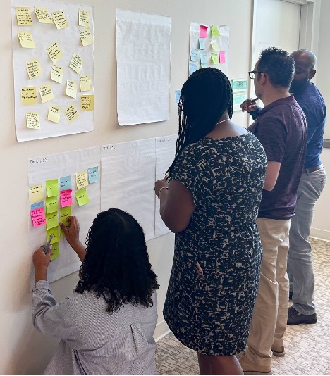 Educators mapping ideas with sticky notes during a design thinking workshop